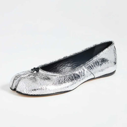 Silver Crinkled Metallic Split Round Toe Flats with Decorative Knot