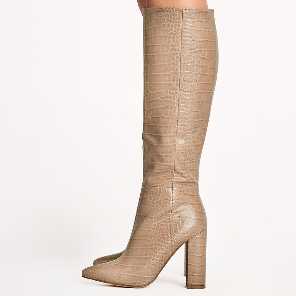 Pointed Toe Croco Embossed Shoes Block Heel Knee High Boots in Nude