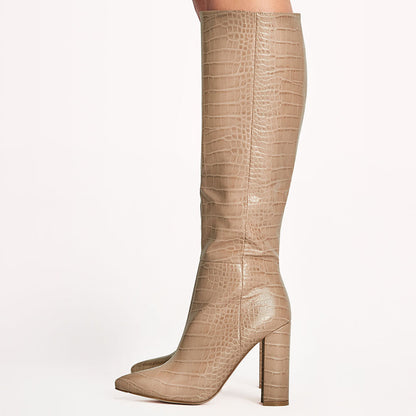 Pointed Toe Croco Embossed Shoes Block Heel Knee High Boots in Nude