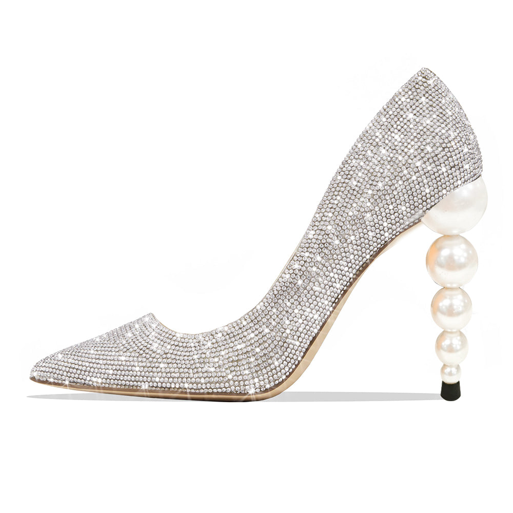 Women's Pointed Toe Pearl Decorative Heel Rhinestone Pumps Shoes