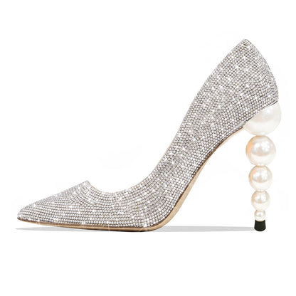 Women's Pointed Toe Pearl Decorative Heel Rhinestone Pumps Shoes