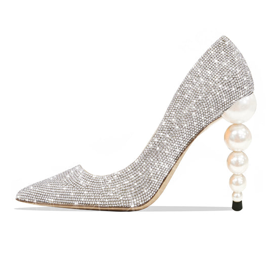 Women's Pointed Toe Pearl Decorative Heel Rhinestone Pumps Shoes