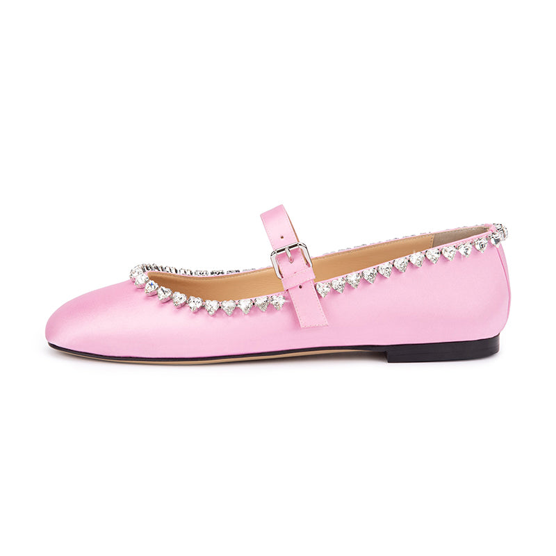 Pink Satin Round Toe Rhinestone Trim Buckle Mary Jane Flats