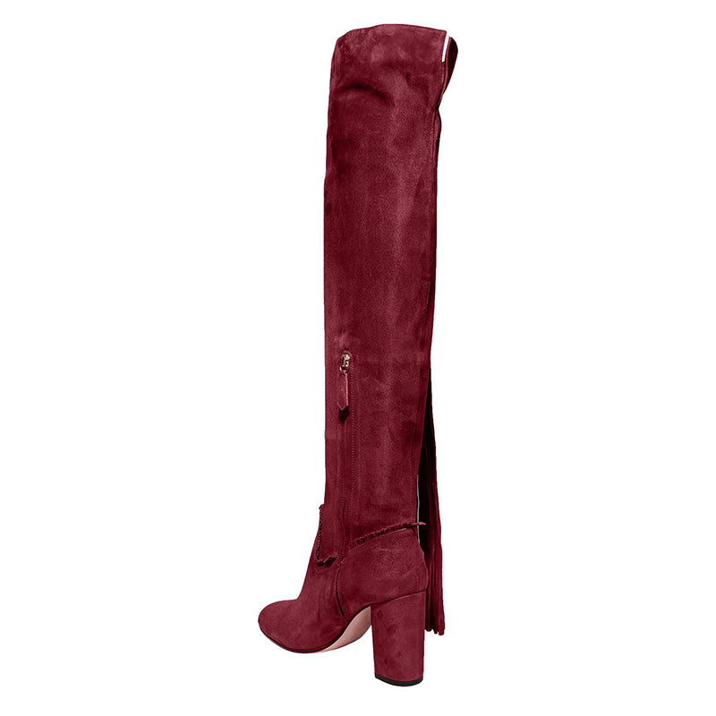 Maroon Fringe Vegan Suede Chunky Heel Round Toe Knee High Boots