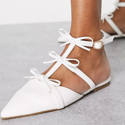 White Pointed Toe T-Strap Bow Embellished Flats Commuting Shoes