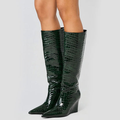Dark Green Pointed Toe Croc Embossed Wedge Heel Knee High Boots