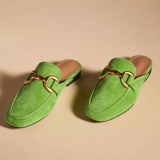 Green Faux Suede Round Toe Formal Slip On Loafers with Chain