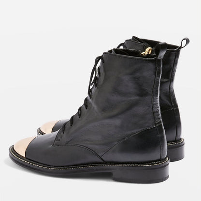 Black Metal Cap Toe Lace-Up Flat Ankle Boots with Zipper