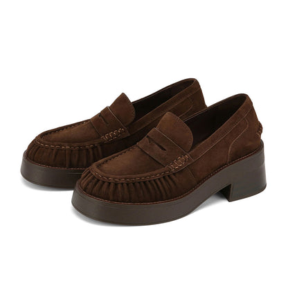 Dark Brown Vegan Suede Pleated Chunky Heel Platform Penny Loafers