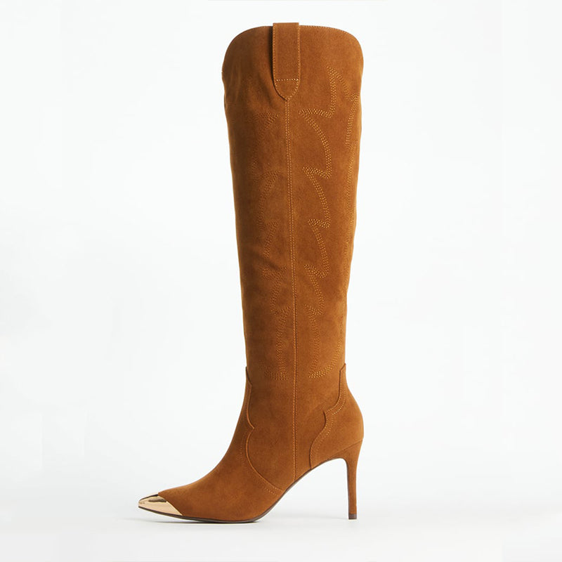 Brown Vegan Suede Zipper Metal Toe Stiletto Heel Knee High Boots