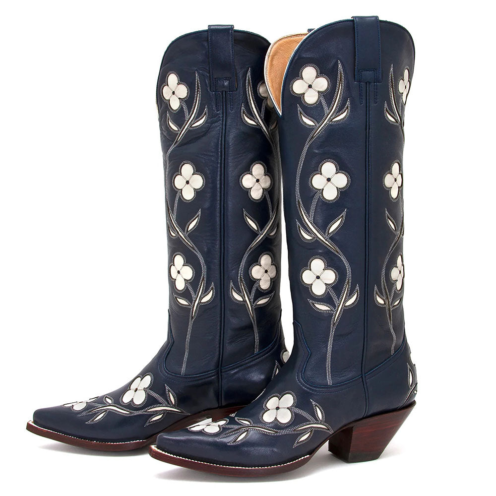 Navy Pointed Toe Stitching Flower Knee High Cowboy Boots for Women
