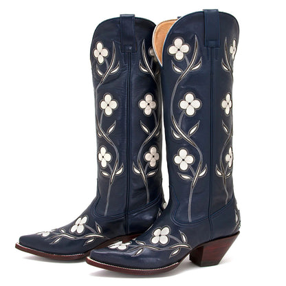 Navy Pointed Toe Stitching Flower Knee High Cowboy Boots for Women