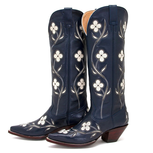 Navy Pointed Toe Stitching Flower Knee High Cowboy Boots for Women