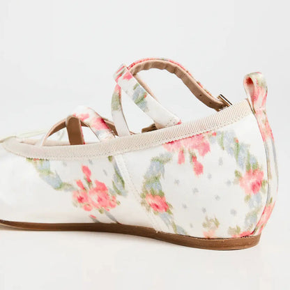White Floral Print Satin Crisscross Buckled Straps Bow Ballet Flats