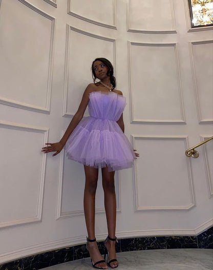 PM025,Light purple tulle mini prom dresses strapless pleated homecoming dress