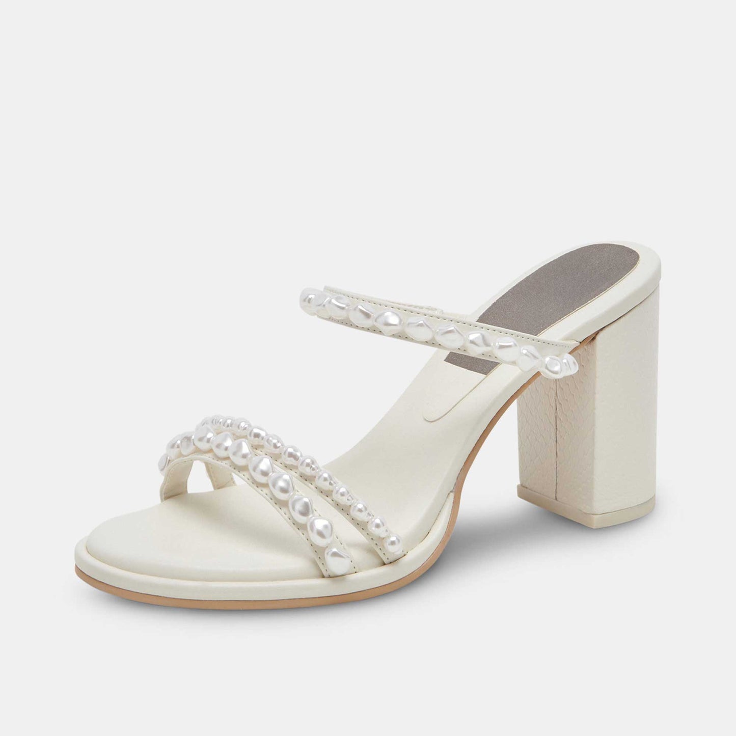 White Round Toe Chunky Heel Pearl-Studded Strappy Mules