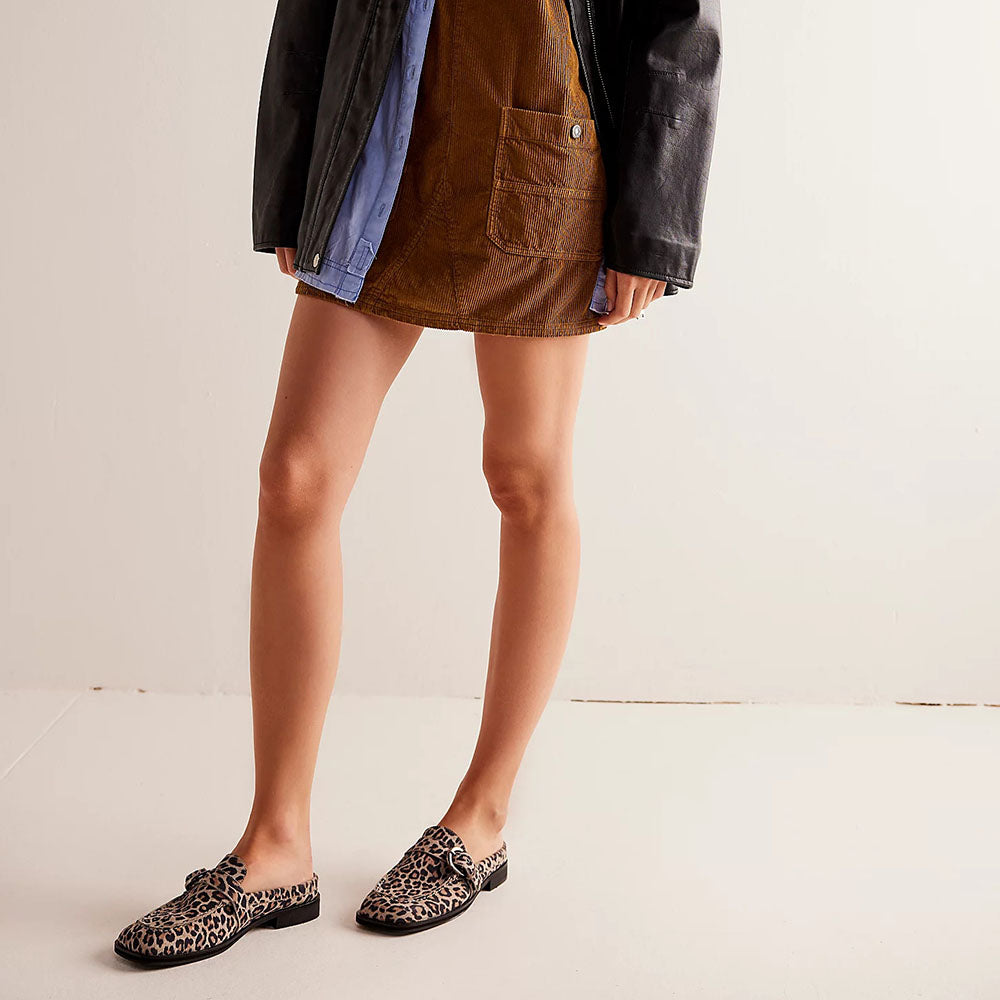 Beige Leopard Print Square Toe Flat Buckle Slip-On Mules Shoes