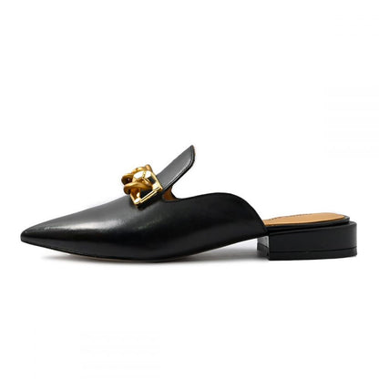 Black Pointed Toe Low Chunky Heel Mule Loafers with Chain Accent