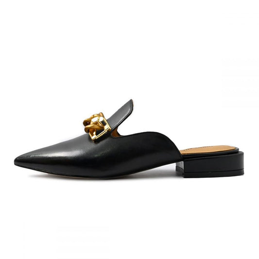 Black Pointed Toe Low Chunky Heel Mule Loafers with Chain Accent