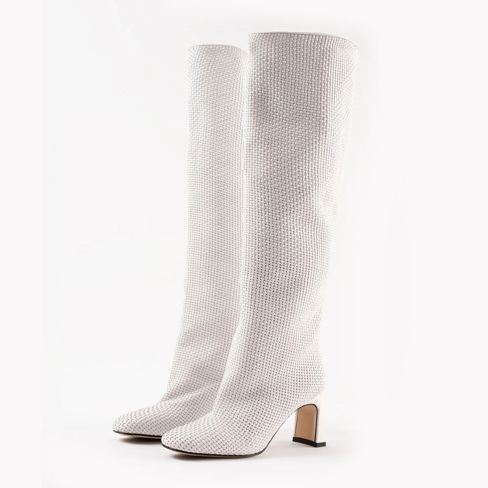 Chunky Heel Pull-On Woven Knee High Boots for Women in White