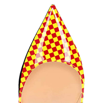 Yellow & Red Slip-On Checkered Printed Stiletto Heel Pumps for Women
