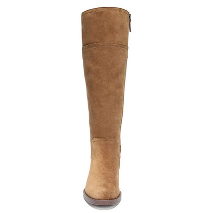 Tan Vegan Suede Round Toe Flat Knee High Boots with Zip