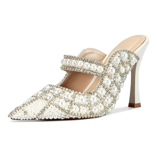 White Pointed Toe Pearl and Rhinestone Embellished Mule Heels