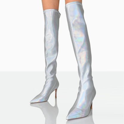 Women's Silver Pointed Toe Holographic Over-the-Knee High Heel Boots