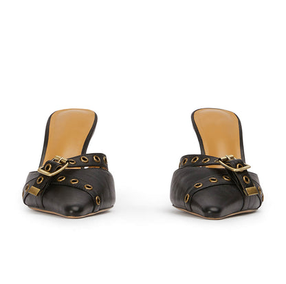 Black  Closed Pointed Toe Mules with Chain Detail