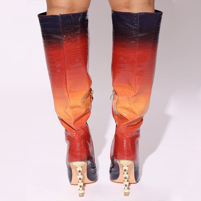 Multicolor Gradient Croco Embossed Decorative Heel Knee High Boots