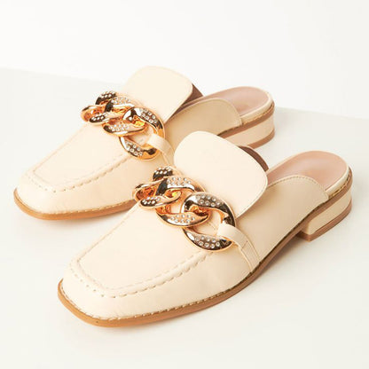 Beige Block Heels Classic Square Toe Chain Buckle Mule Loafers