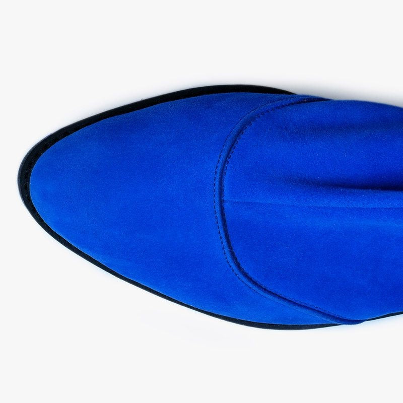 Royal Blue Vegan Suede Hollow Out Flat Knee High Boots