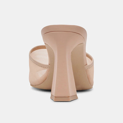 Women's Nude Open Square Toe Sandals Slip-On Mesh Mule Heels