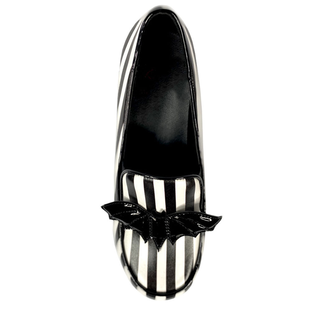 Black & White Stripes Chunky Heel Platform Loafers with Bat Decor