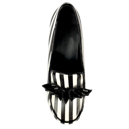 Black & White Stripes Chunky Heel Platform Loafers with Bat Decor