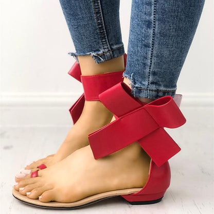 Red Oversized Bow Decor Ankle Strap Flats Toe Ring Sandals