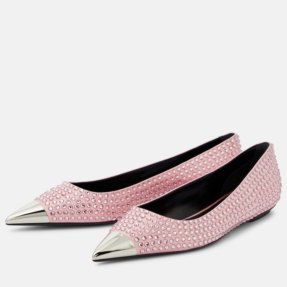 Pink Satin Pointed Toe Rhinestone Embellished Slip-On Ballet Flats