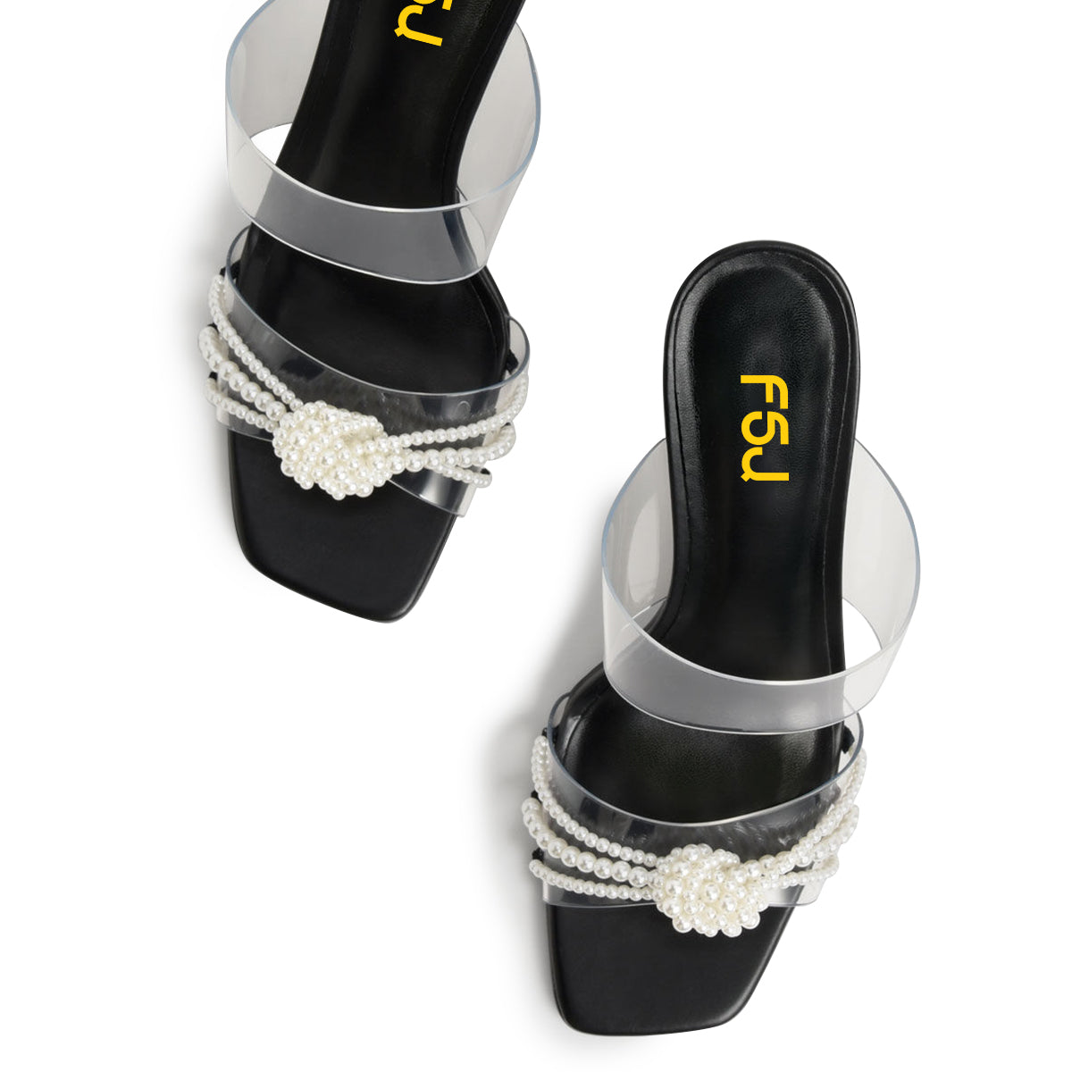 Black & Clear Square Toe Pearl Embellished Flared Heel Mules Sandals