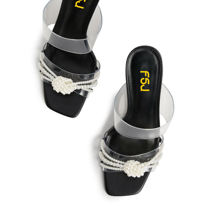 Black & Clear Square Toe Pearl Embellished Flared Heel Mules Sandals