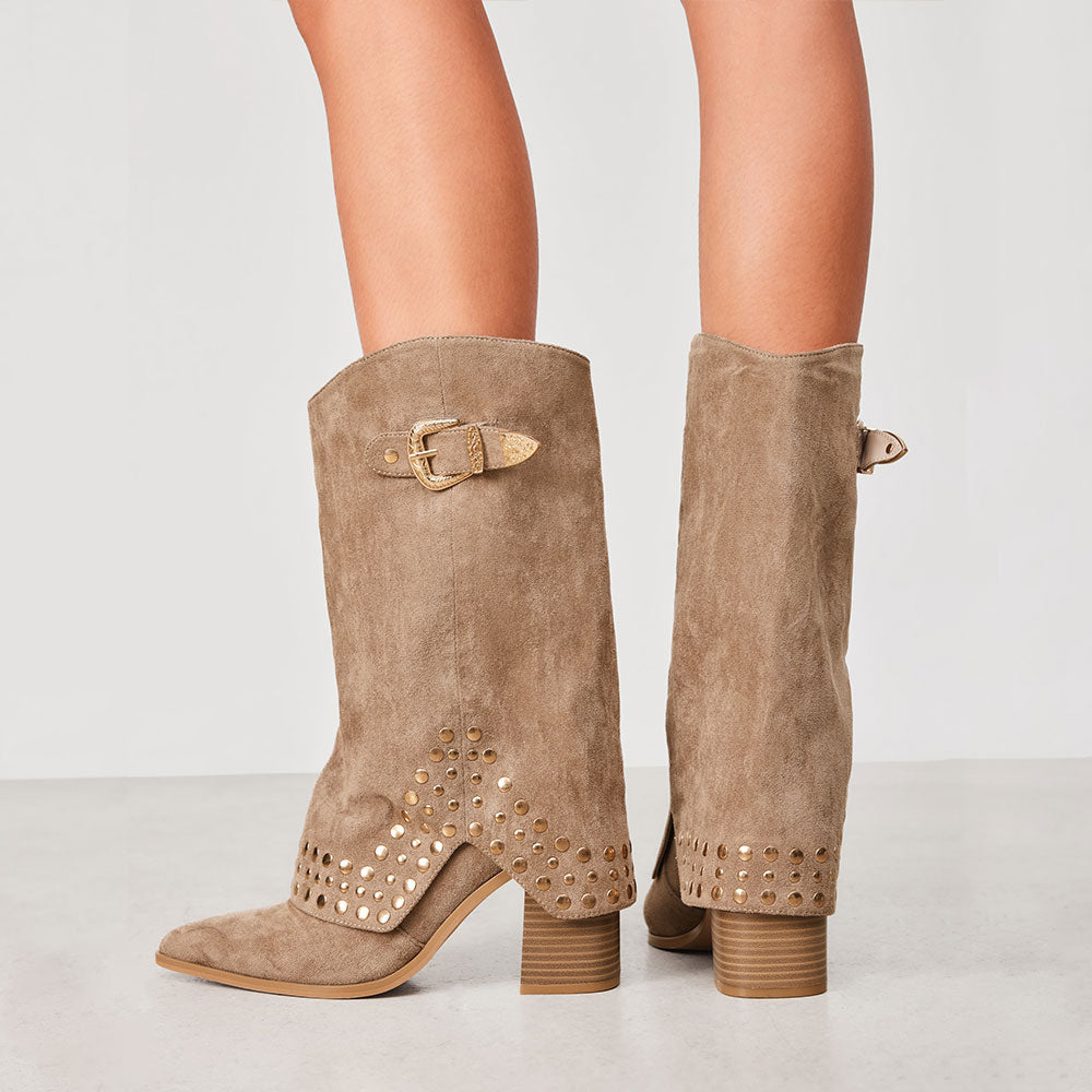 Khaki Vegan Suede Stacked Heel Buckle Studded Fold Over Mid Calf Boots