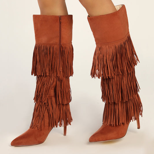 Brown Vegan Suede Pointed Toe Stiletto Knee High Boots with Fringes