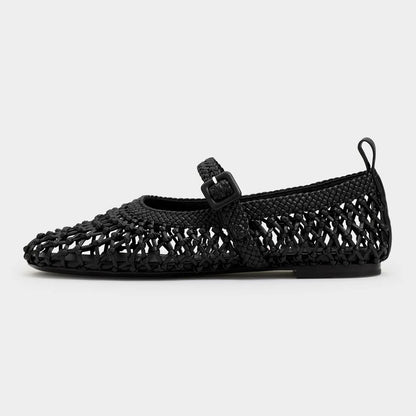 Black Knot Detail Round Toe Buckle Strap Braided Mary Jane Flats