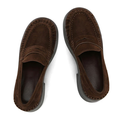 Dark Brown Vegan Suede Pleated Chunky Heel Platform Penny Loafers