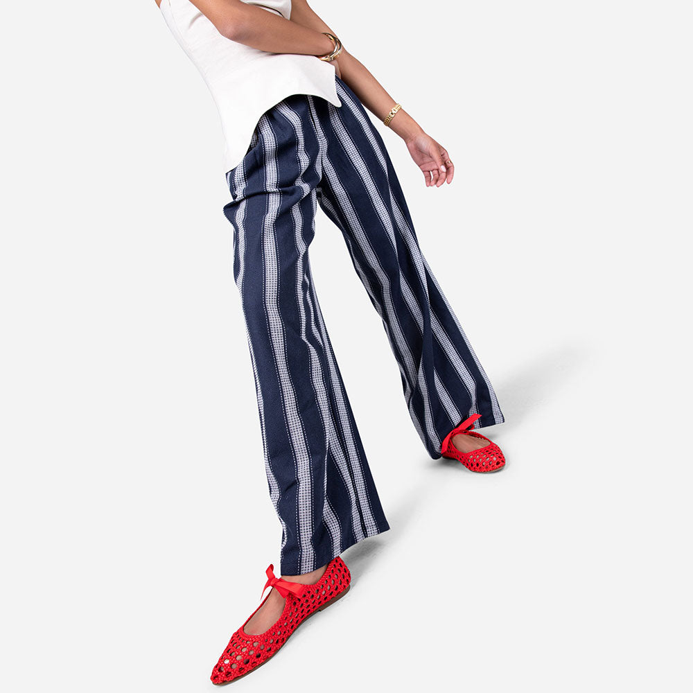 Red Vegan Leather Closed-Toe Woven Tie-Up Flat Shoes for Women