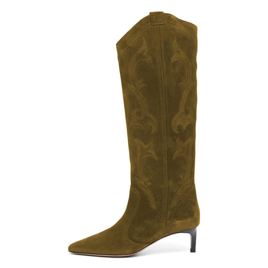 Olive Pull-On Snip Toe Kitten Heel Knee High Boots with Embroidery