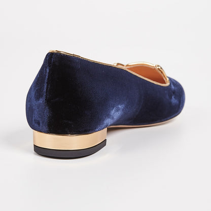 Navy Velvet Round Toe Cute Cat Embroidered Flats for Women