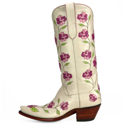 Beige & Pink Snip Toe Floral Knee High Western Boots for Women