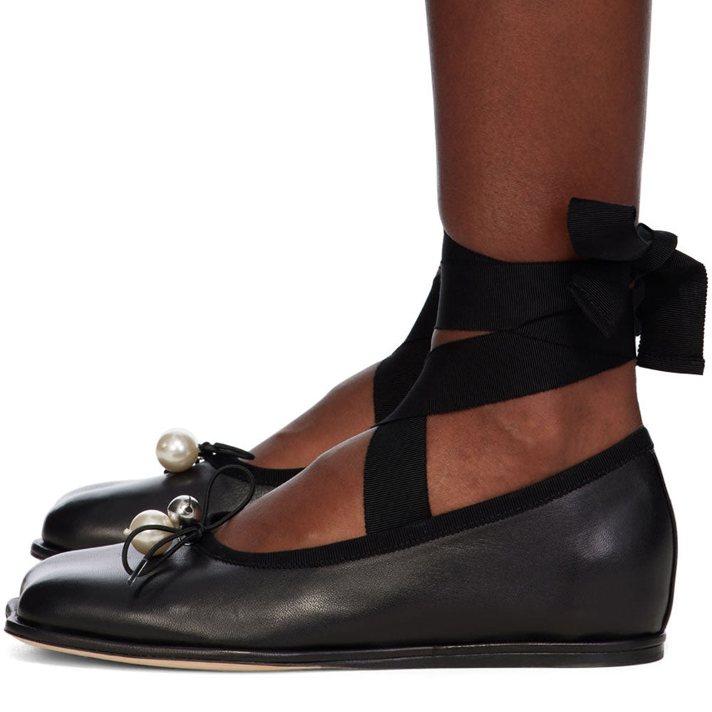 Black Square Toe Pearl Bow Decor Lace Up Ankle Strap Ballet Flats