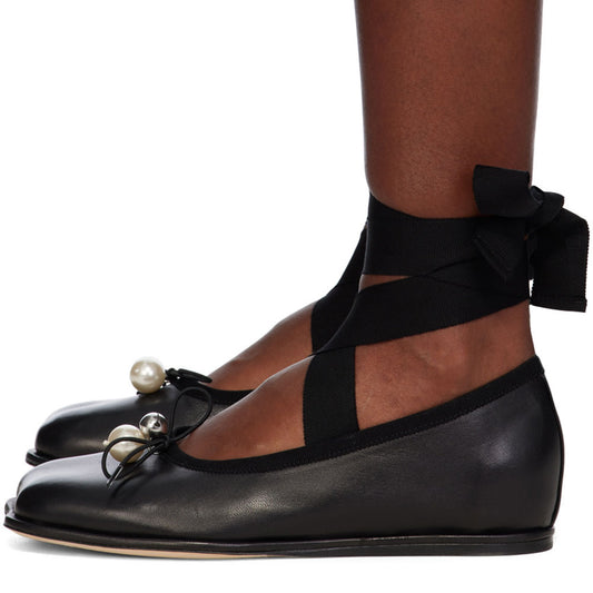 Black Square Toe Pearl Bow Decor Lace Up Ankle Strap Ballet Flats