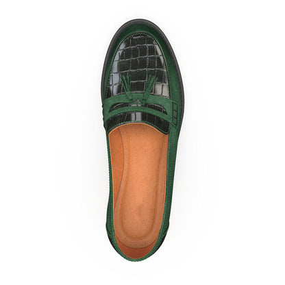 Women's Green & Black Embossed Splicing Penny Loafers with Fringe